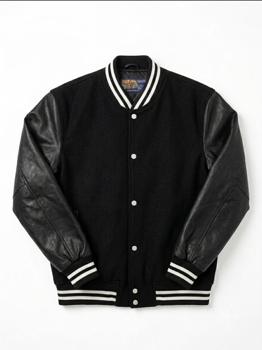 Letterman Jacket - Black / Black Leather Sleeves