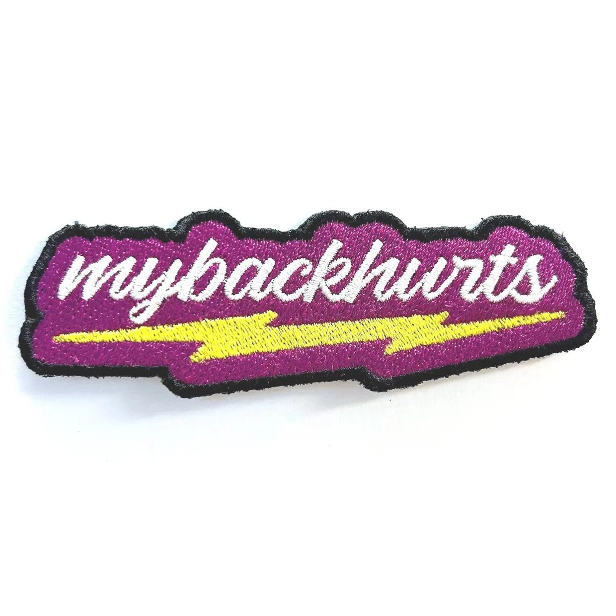 Hot pink patch with white 'mybackhurts' script above a yellow lightning bolt