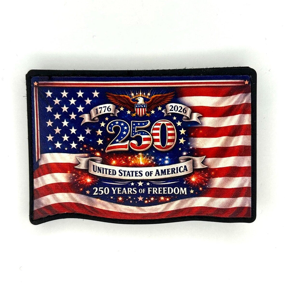 American flag with '250 Years of Freedom' text on a white background